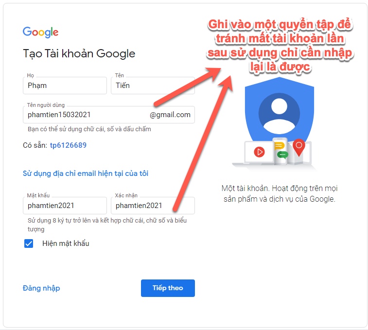 điền thông tin vào tài khoản gmail